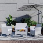 Salon de jardin r�sine tress�e imitation rotin 4 personnes avec 2 fauteuils 1 canap� et 1 table gris