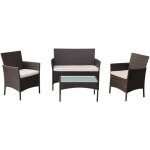 Salon de jardin corfou en rsine tresse marron 4 places - coussins beige