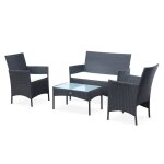 Salon de jardin en rsine tresse - molts - noir. coussins ecru - 4 places - 1 canap. 2 fauteuils. ...
