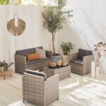 Salon de jardin en rsine tresse - perugia - nuances de gris. coussins gris - 4 places - 1 canap. 2 ...
