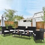 Salon de jardin en rsine tresse rotin - 8 personnes - noir avec coussin