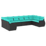 Salon de jardin en r�sine tress�e - vidaxl - 10 pi�ces - noir et bleu - r�sine tress�e - coussins amovibles ...