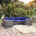 Salon de jardin en r�sine tress�e - vidaxl - 6 pi�ces - gris - coussins bleu fonc� - r�sine tress�e