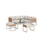Salon de jardin en rotin beige 6 � 7 places avec canap� dangle table basse 2 poufs coussins inclus et ...