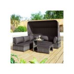 Salon de jardin en rotin gris 5 places ? ensemble table fauteuils tabourets et parasol r�sistant aux ...