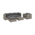 Salon de jardin en r�sine tress�e nuances de gris. coussins gris - 5 places - 1 pouf. 4 fauteuils une ...
