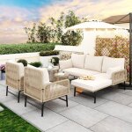 Salon de jardin tress�e en corde avec coussins 2 tables basses 2 fauteuils pour 6 personnes m�tal beige ...