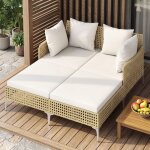 Salon lit de jardin d?ext�rieur costway en rotin pe 2 places coussins d?assise et de dossier chaise longue ...
