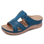 Sandales mules femme compens�es vintage bleu - chaussures d�t� confortables � plateforme en similicuir ...