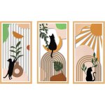 Sculptures murales en bois d�cor boho chic 3 pi�ces avec motifs chats vases feuilles tropicales soleil ...