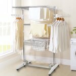Séchoir à linge inox étendoir pliable sur roulettes 3 étagères avec ailes pied pliable Séchoir à linge inox étendoir pliable sur roulettes 3 étagères avec ailes pied pliable