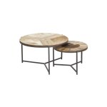 Srie de 2 tables basses rondes en mtal et bois plateau en peau de vache marron et blanc