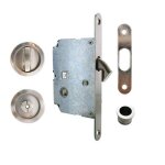 Serrure porte coulissante  crochet axe 50mm rosaces rondes condamnation + tiredoigts + gache