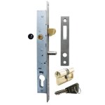 Serrure portail coulissant axe  15mm  crochet laiton avec gche et cylindre