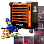 Servante datelier bm tools 9 / 7 monster - edition - orange 7 tiroirs pleins 257 outils + cric hydraulique ...