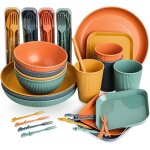 Service de table 52 pi�ces incassable u2013 assiettes bols tasses couverts de camping paille fourchettes ...