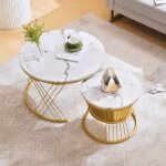 Set de 2 tables basses gigognes rondes plateau mdf effet marbre brillant cadre m�tal dor� 70�47 et 45�40 ...