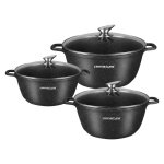 Set de 3 marmites antiadh�sives effet marbre 36 - 40 - 44cm avec couvercles en verre signature noir