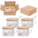 Set 4 tasses verre vintage 450ml cuill�res couvercles bambou pour th� latte cappuccino c�r�ales label ...