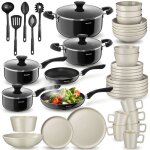 Set de cuisine - tectake - �l�ments en acier inoxydable et gr�s �maill� 6 personnes vaisselle et casseroles ...