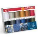 Set de fils  coudre - gtermann - denim - 12 bobines - fil professionnel - couleurs jeans