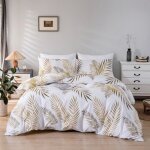 Set housse de couette 220x240 cm motif feuilles tropicales dores botanique microfibre parure de linge ...
