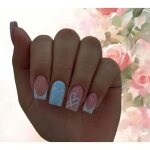 Set manucure pr�ts � poser 24 capsules + 5 accessoires carr�s ciel coeur argent� r�utilisables lh originails ...