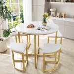 Set de table � manger blanc avec 4 chaises velours - plateau mdf & cadre fer dor� luxe moderne