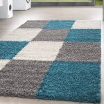 Homebyhome tapis de salon shaggy  poils longs turquoise tapis 160 x 230 cm design  carreaux doux et ...
