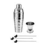 Trio cocktails shaker doseur � alcool et 3 cuill�res � cocktail inox - fackelmann - bar concept