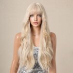 Shi - perruque femme barbie fran�aise - longue vague naturelle 26inch - frange rideau blanc platine - ...