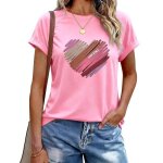 T shirt femmetshirt femme chic casual col rond haut manches courtes ete imprim� � motif c?ur - rose