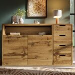 Sideboard 150x40x90 cm - effet ch�ne - avec 2 portes 4 tiroirs et niche ouverte - merax - meuble de rangement ...