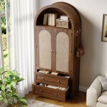 Sideboard marron en rotin meuble de rangement avec �tag�res 2 tiroirs et crochets colonne de rangement ...