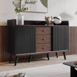 Sideboard noir et bois avec 3 tiroirs et portes coulissantes rainur�es meuble de rangement moderne avec ...
