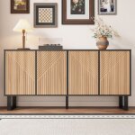 Sideboard noir & bois avec fa�ades 3d rainur�es 160 x 38 x 75 cm meuble rangement buffet moderne 4 portes ...
