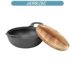 Sonew wok en fonte cast iron wok with 2 handle wooden lid frying pan with flat base uncoated puericulture ...