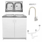 Stamar meuble sous �vier 80 cm blanc + �vier inox 2 bacs + robinet extensible 2 - en - 1 beige + siphon ...