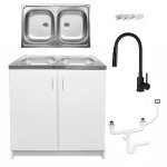 Stamar meuble sous �vier 80 cm blanc + �vier inox 2 bacs + robinet extensible 2 - en - 1 noir + siphon ...