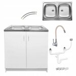 Stamar meuble sous �vier 80 cm blanc + �vier inox 2 bacs + robinet extensible beige + siphon lv + kit ...