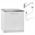 Stamar meuble sous �vier 80 cm blanc + �vier inox 2 bacs + robinet flex pivotant chrome + siphon lv - ...