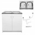 Stamar meuble sous �vier 80 cm blanc + �vier inox 2 bacs + siphon lv - 80x49x82 cm
