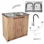 Stamar meuble sous �vier 80 cm ch�ne dor� + �vier inox 2 bacs + robinet pivotant noir + siphon lv + kit ...
