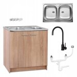 Stamar meuble sous �vier 80 cm ch�ne sonoma + �vier inox 2 bacs + robinet extensible noir + siphon lv ...