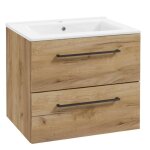 Stamar meuble sous vasque suspendu 50 cm ch�ne dor� mat + vasque c�ramique + robinet + 2 tiroirs soft ...