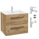 Stamar meuble sous vasque suspendu 50 cm ch�ne dor� mat + vasque c�ramique + robinet + siphon + soft ...