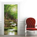 Stickers 3d porte poster paysage de rivi�re de for�t verte art papier peint porte trompe loeil pour salon ...