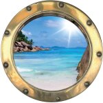Sticker hublot trompe loeil plage et sable fin - dimensions:20x20cm