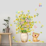 Stickers muraux - autrement - fleurs de marguerite et chat - pvc �cologique - imperm�able - 2 pi�ces