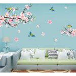 Stickers muraux fleurs de p�cher oiseaux(250x150cm)autocollant sticker mural roses cerisier arbre branche ...